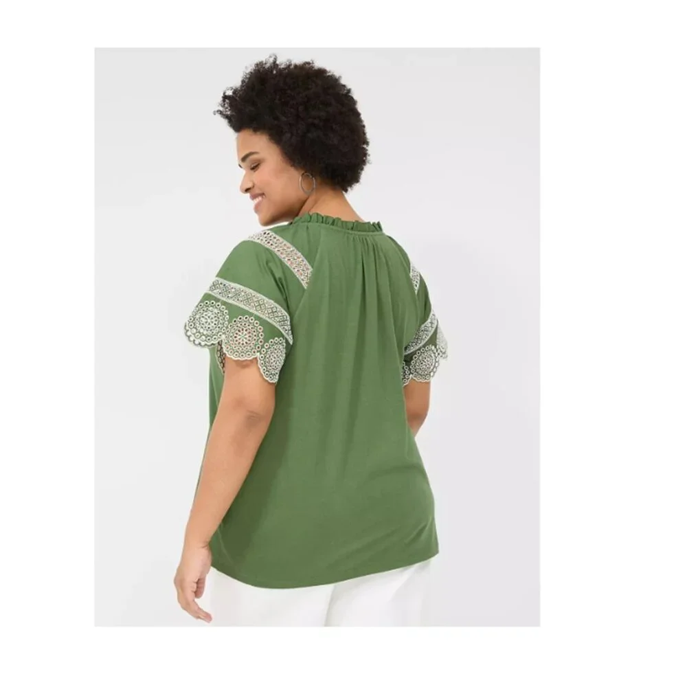 LANE BRYANT NWT Womens Size 18/20 Green Cream Eyelet Short-Sleeve Knit Top - Picture 2 of 10
